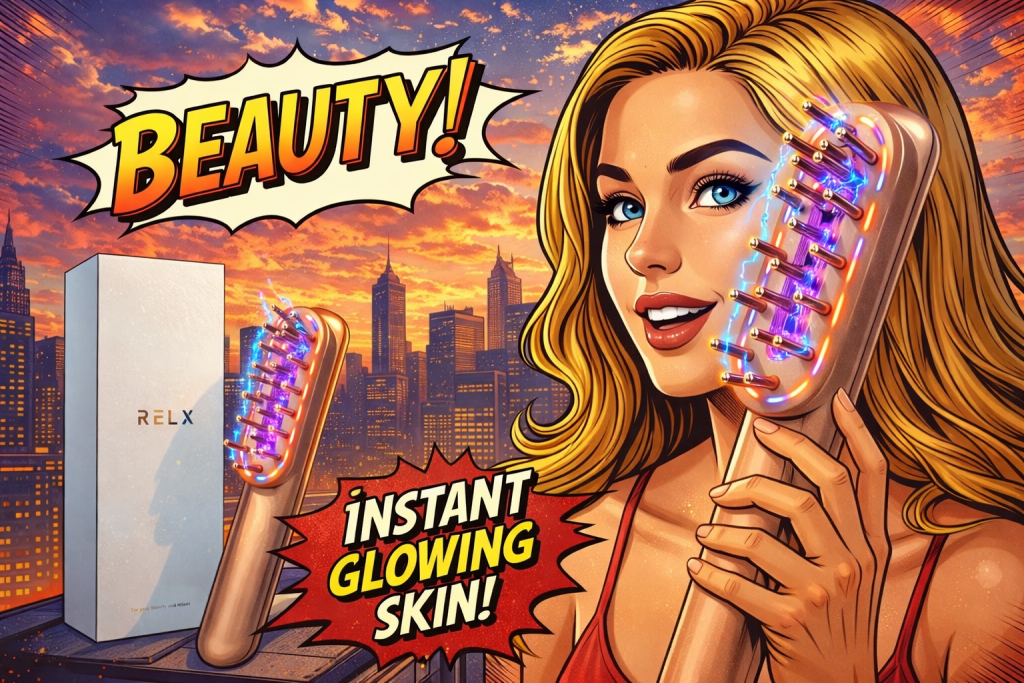 RELEXの顔と髪用のEMSのブラシを使う女性