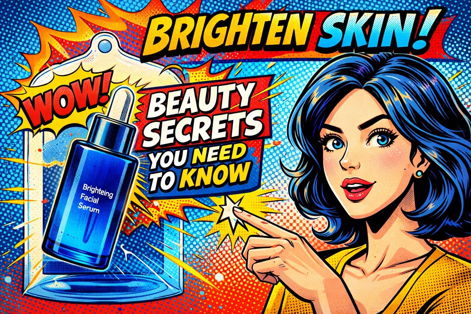 青い美容液ボトルを指差す女性がポップな背景でスキンケアを紹介している様子