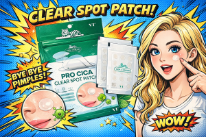 ニキビパッチ製品と頬に貼った女性が効果を示すポップな構図