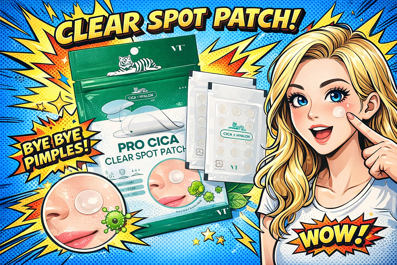 ニキビパッチ製品と頬に貼った女性が効果を示すポップな構図