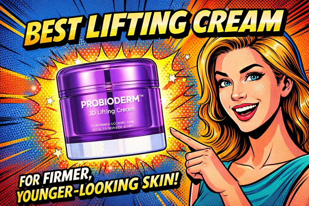 紫のリフティングクリーム容器を指さしながら笑顔の女性が紹介しているポップアート風の構図