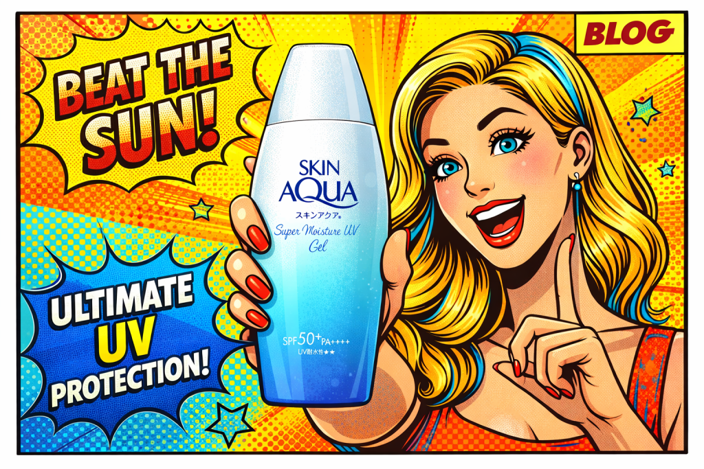 スキンアクアの日焼け止めボトルを手に持ち紫外線対策をアピールする女性がポップな背景で笑顔を見せている