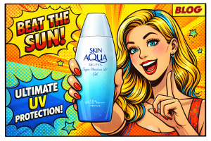 スキンアクアの日焼け止めボトルを手に持ち紫外線対策をアピールする女性がポップな背景で笑顔を見せている