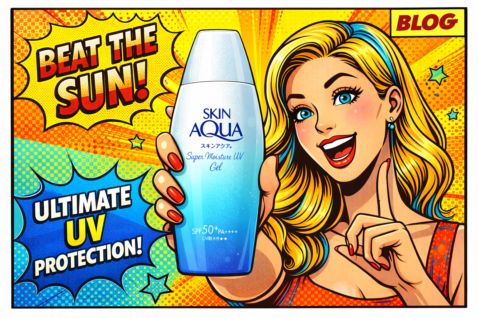 スキンアクアの日焼け止めボトルを手に持ち紫外線対策をアピールする女性がポップな背景で笑顔を見せている
