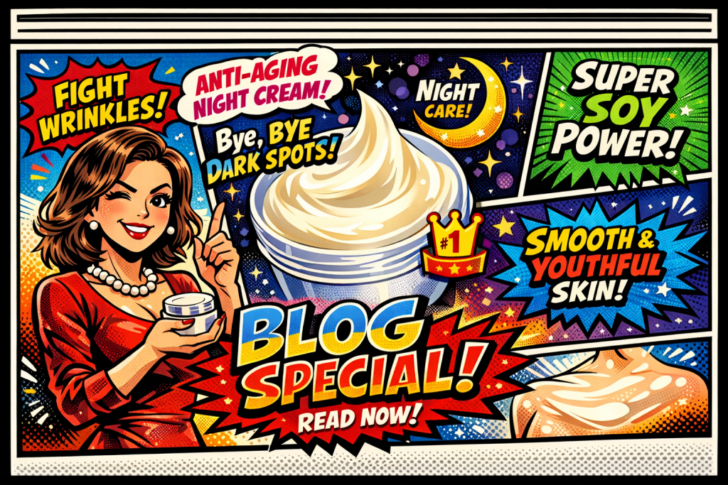 ナイトクリームを手にした女性がしわ改善とシミ対策を示すポップな構図で紹介している場面