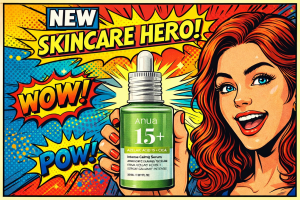 緑色の美容液ボトルを手に持つ女性がポップな背景の中で笑顔を見せている構図