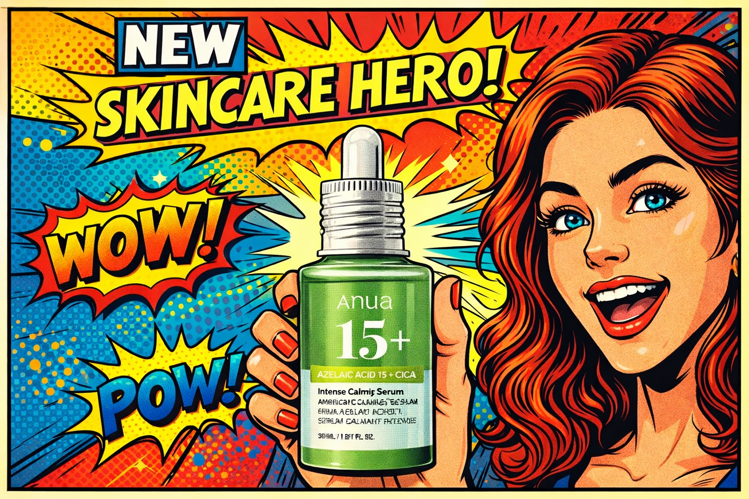 緑色の美容液ボトルを手に持つ女性がポップな背景の中で笑顔を見せている構図