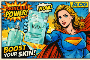 女性が美容液マスクを手に持ちポップな吹き出しと躍動感ある背景の中で紹介しているシーン