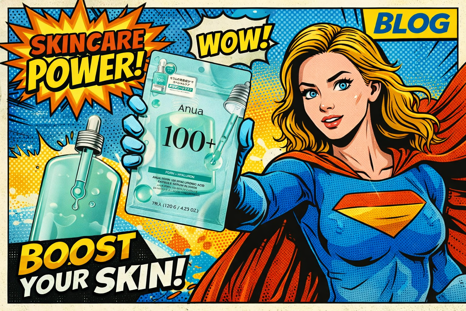 女性が美容液マスクを手に持ちポップな吹き出しと躍動感ある背景の中で紹介しているシーン