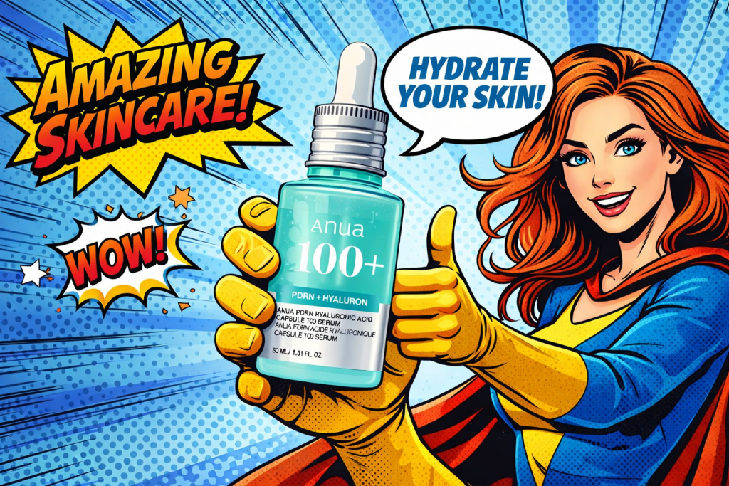 ヒアルロン酸美容液を手に持ち笑顔で保湿をすすめる女性が描かれたポップアート調のビジュアル