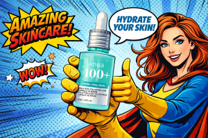 ヒアルロン酸美容液を手に持ち笑顔で保湿をすすめる女性が描かれたポップアート調のビジュアル