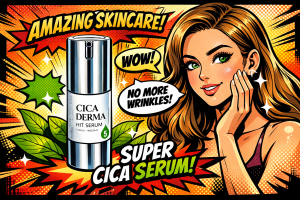 シカ美容液のボトルと頬に手を当てて微笑む女性が強調されたポップな背景の構図