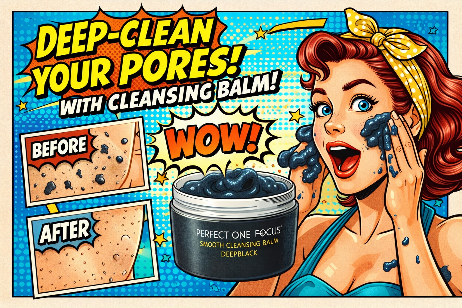 女性が黒いクレンジングバームを顔に塗り毛穴汚れを落としている様子と容器が並ぶ構成
