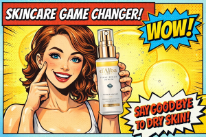 スキンケア美容液を手に持つ女性が頬を指差しながら潤い効果をアピールしている様子