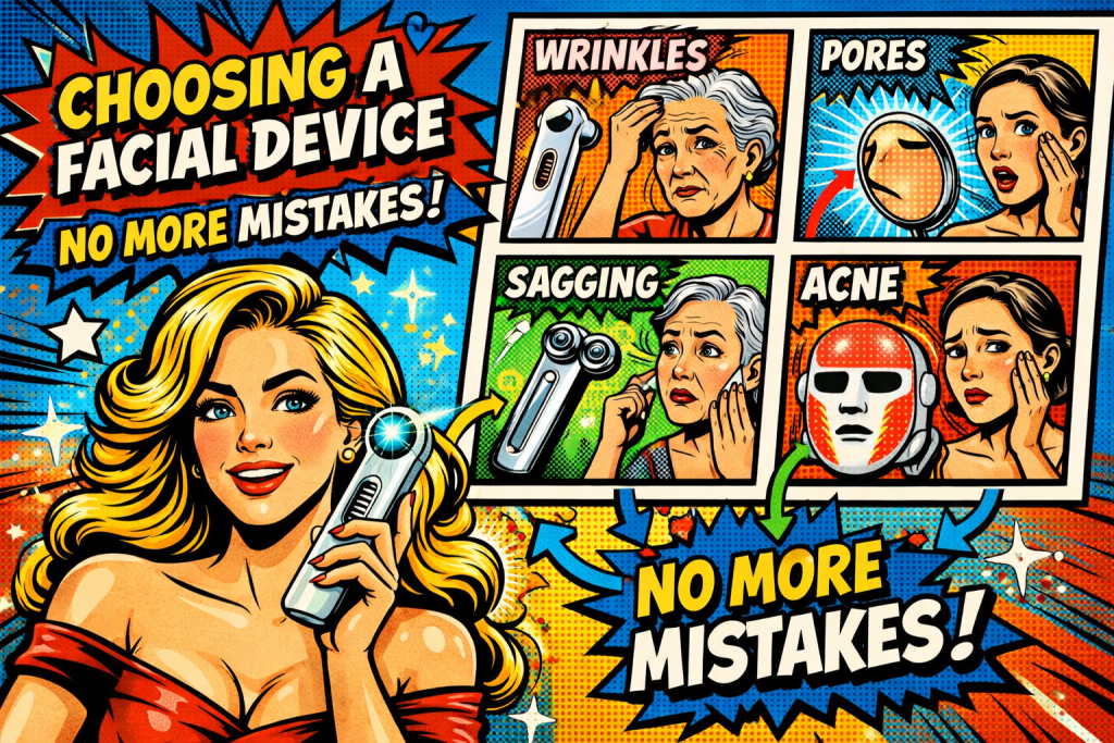 EMS・RF・LED・IPLなど複数のテクノロジーを搭載した美顔器が種類別に並んでいる状況