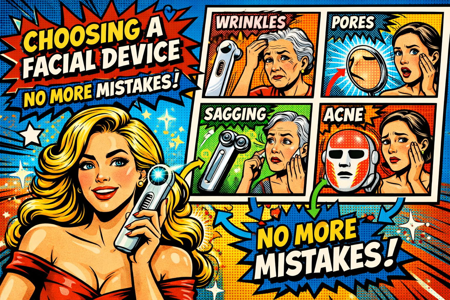 EMS・RF・LED・IPLなど複数のテクノロジーを搭載した美顔器が種類別に並んでいる状況