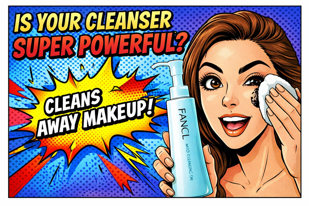 青いボトルのクレンジングオイルを持ちながら女性がコットンでメイクを拭き取っている様子