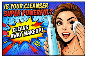 青いボトルのクレンジングオイルを持ちながら女性がコットンでメイクを拭き取っている様子