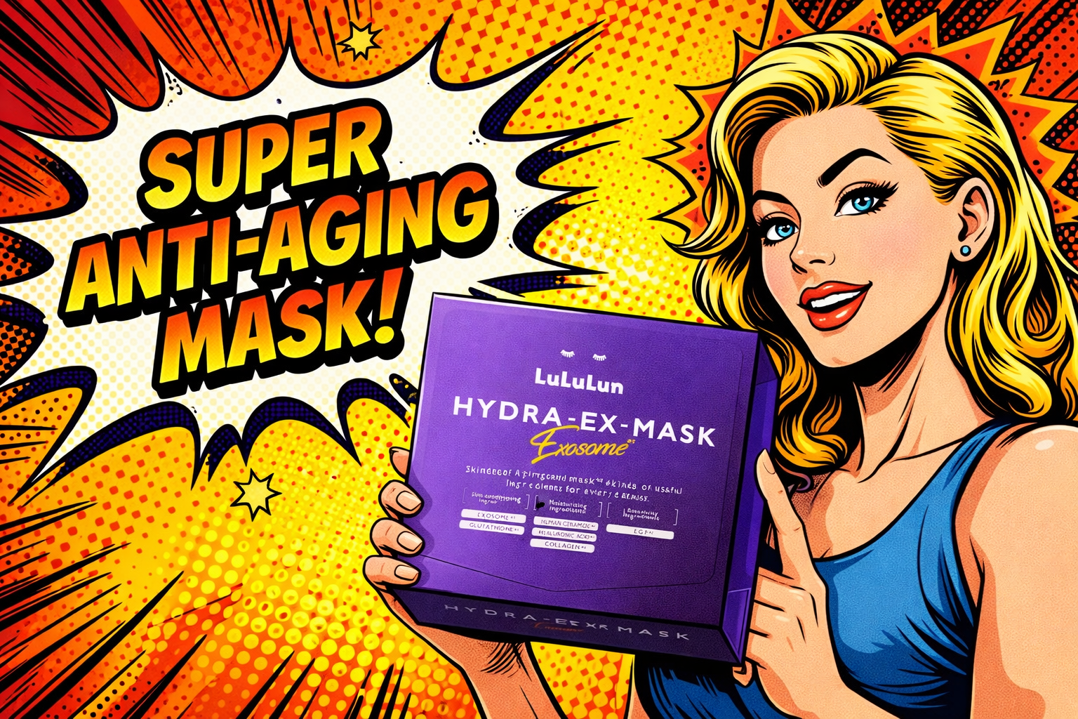 女性が紫のフェイスマスク製品を手に持ち強調するポップな背景のシーン