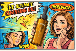 オルビスのクレンジングオイルを手に持つ女性がスキンケア効果に驚いている様子