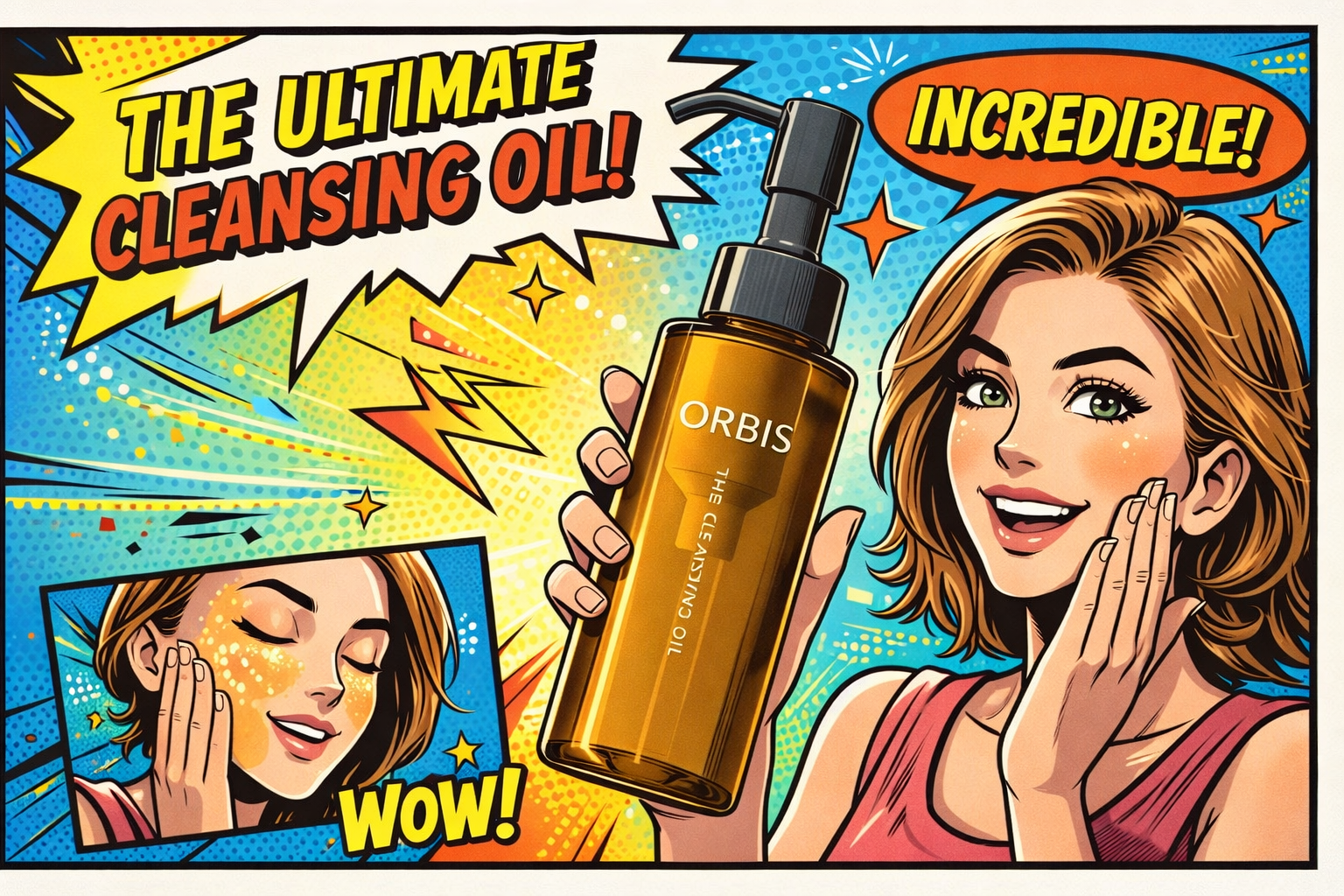 オルビスのクレンジングオイルを手に持つ女性がスキンケア効果に驚いている様子