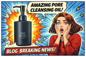 黒いポンプ式クレンジングオイルのボトルと驚いた表情の女性が並び強調されたポップな構図