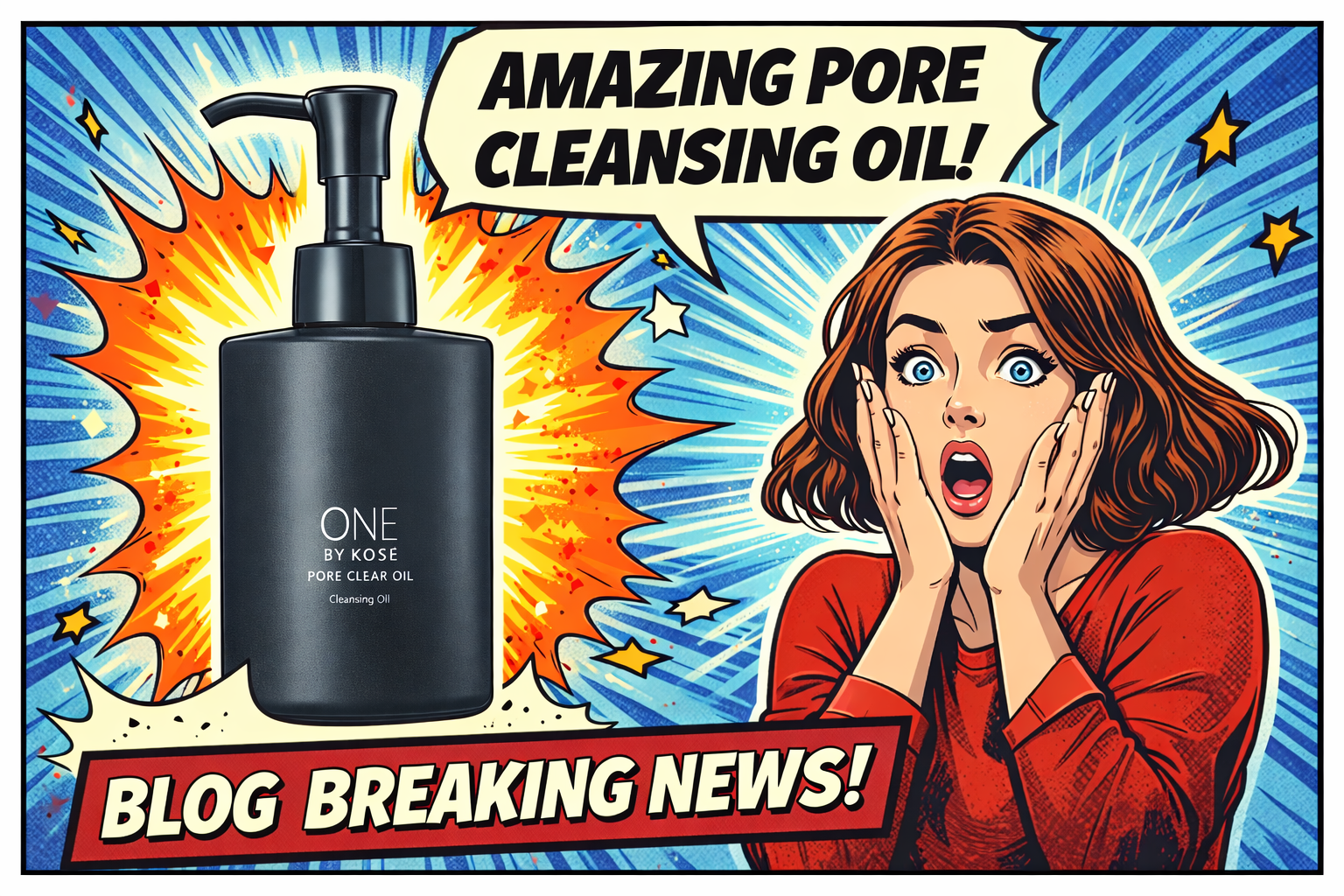 黒いポンプ式クレンジングオイルのボトルと驚いた表情の女性が並び強調されたポップな構図